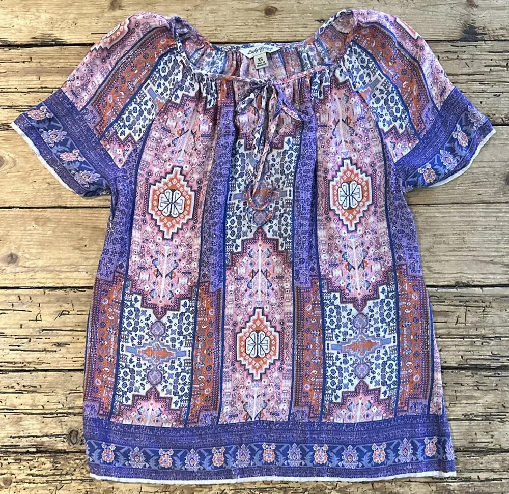 Lucky Brand Women’s Orange Purple Tapestry Print Peasent Blouse Size Small